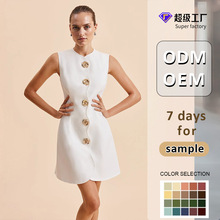 欧美外贸跨境女装定制短裙亚马逊精品无袖圆领系扣纯色马甲连衣裙