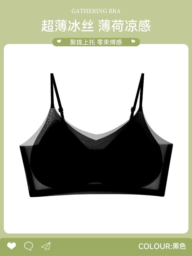 Ropa interior sin costuras de seda de hielo para mujer, pecho pequeño, sin anillo de acero, estilo chaleco, ejercicio, anti-caída, sujetador transpirable fino de verano