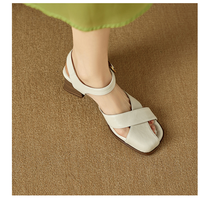 Sandal nữ da bò kiểu Pháp đế mềm thấp gót đi làm mùa hè — đen chi tiết 6