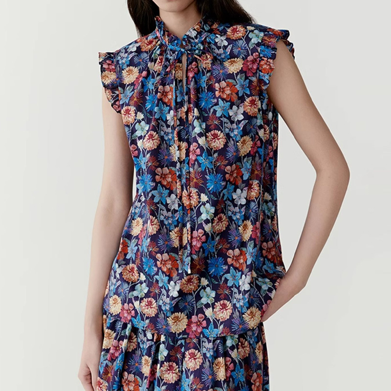 Ic Xiaohe 2025 New Cotton Elastic Printed Muslin Sleeveless Fancy Top Lace Elegant Commuter Casual Shirt