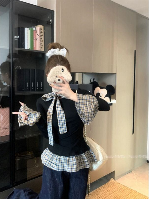 格子蝴蝶结假两件打底衫女春秋冬内搭独特别致设计感小众长袖上衣|undefined