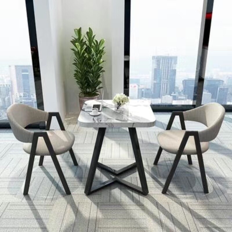 두꺼운 V다리의 인조대리석 사각테이블 - 라이트그레이 천