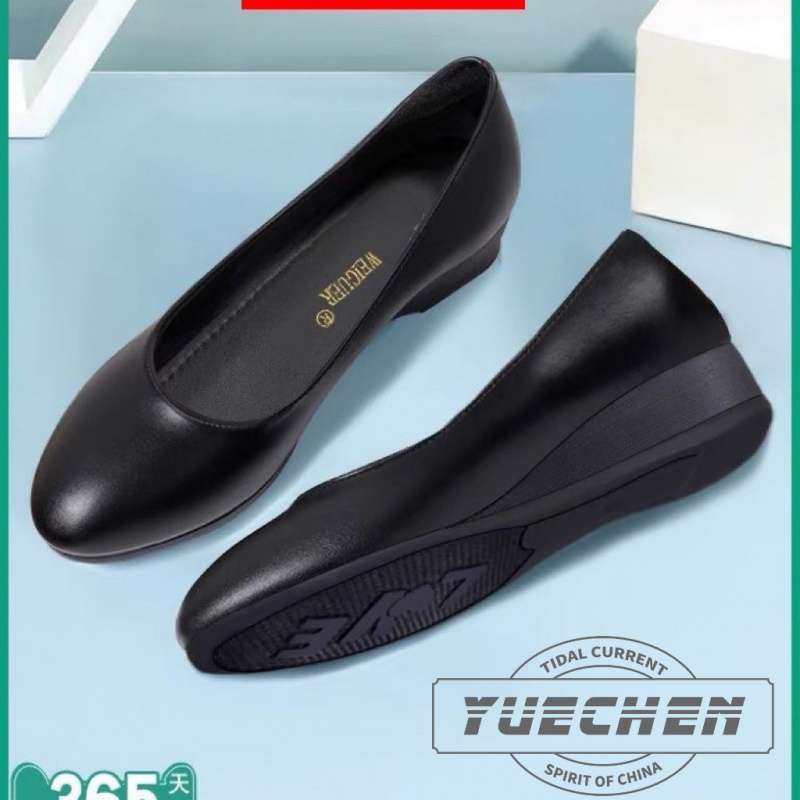 Yuechen Comfortable Soft-Soled Work Shoes for Women Black Thick Heel Professional Medium Heel Formal Hotel Breathable Interview Leather Shoes