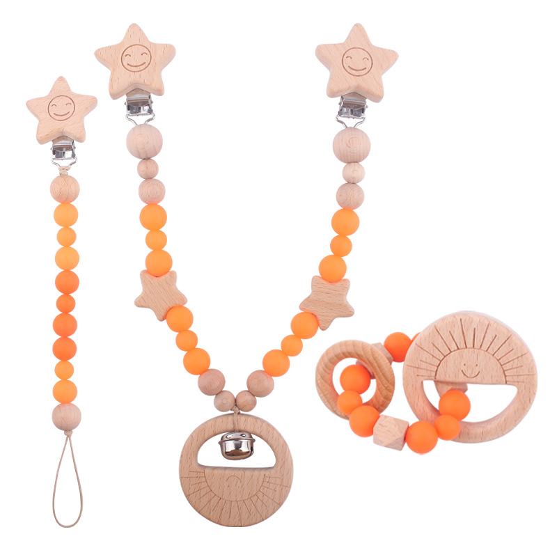 Nuevo bebé de dibujos animados de haya animal chupete clip calmante bebé mordida chupete cadena coche colgando mordedor conjunto de tres piezas
