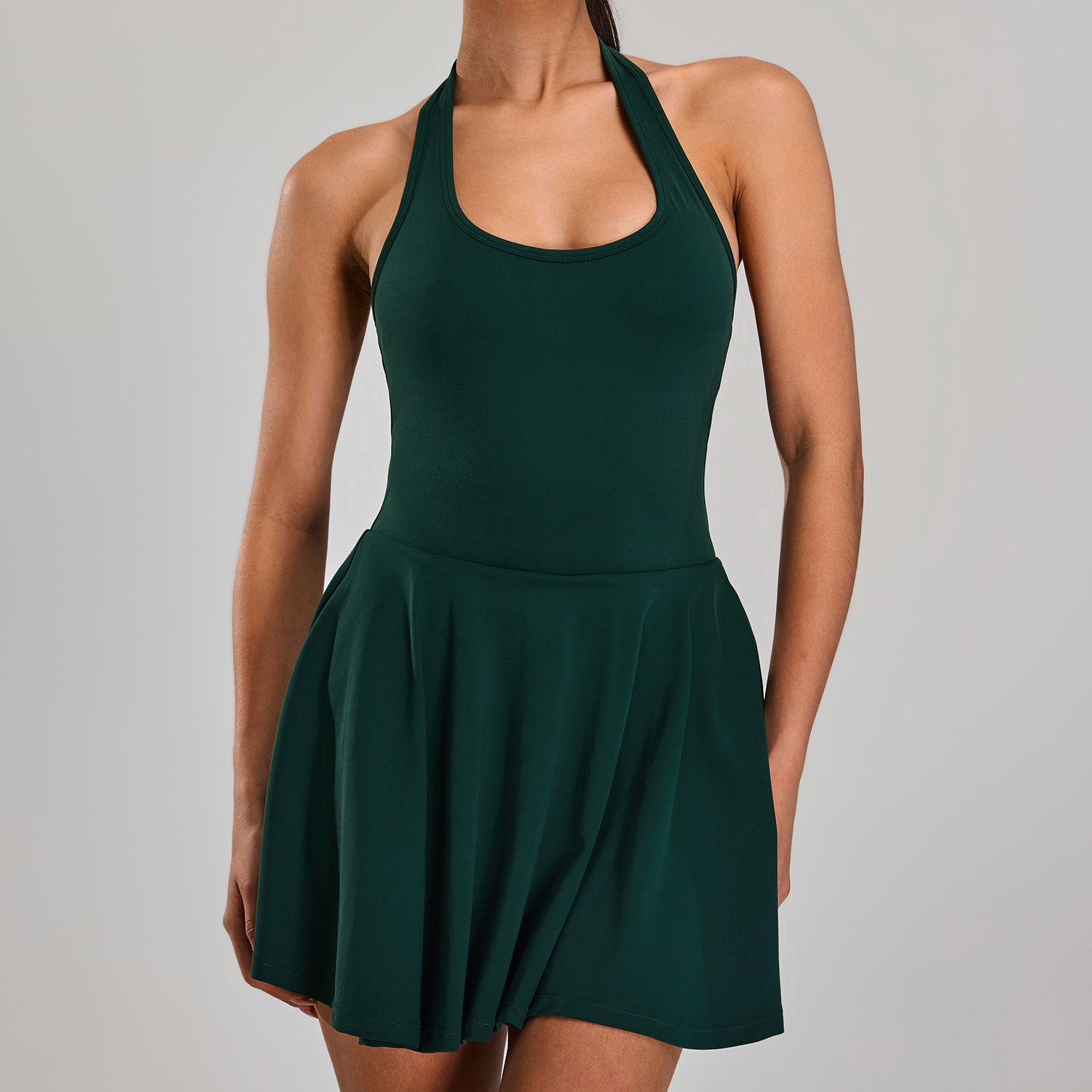 Nuevo desnudo cuello colgante hermosa espalda vestido deportivo de mujer falso dos piezas de prueba de correr al aire libre vestido de tenis de fitness