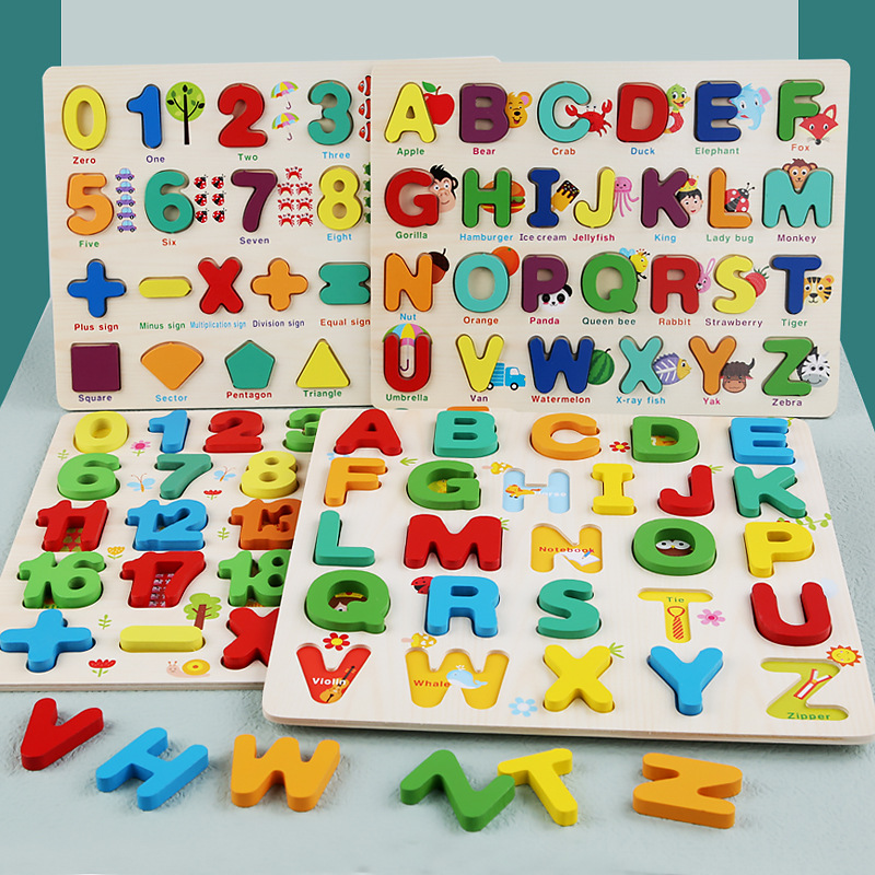Puzzles de madera transfronterizos Puzzles de madera para niños Puzzles de forma alfanumérica Puzzles de aprendizaje para niños Juguetes de Puzzles