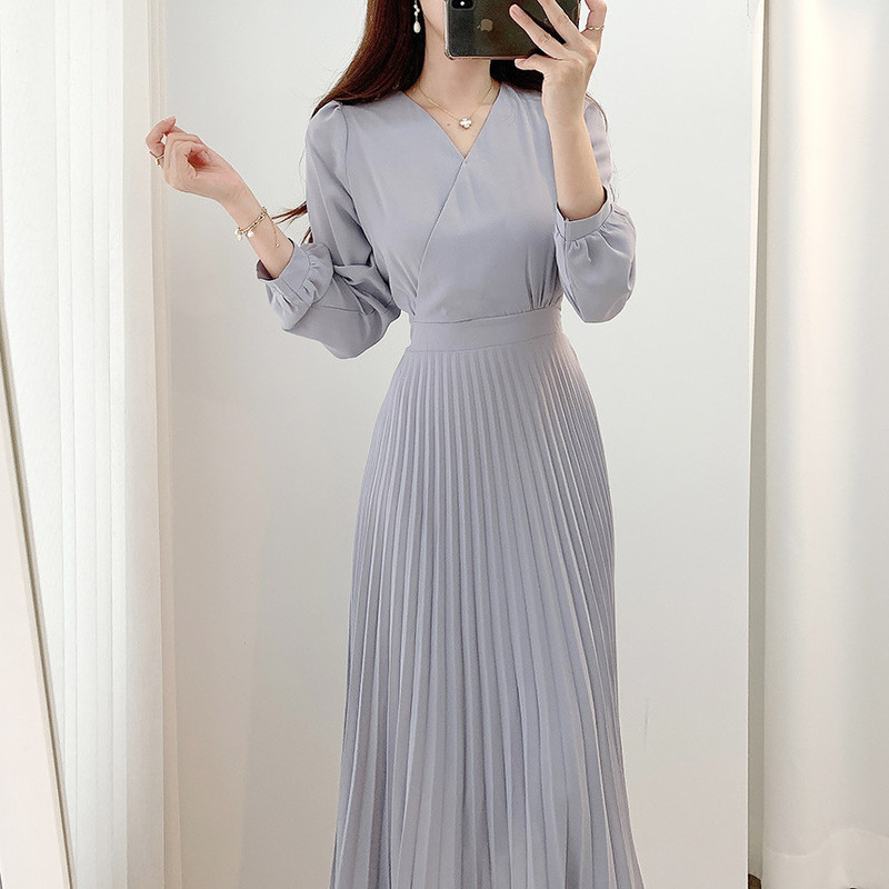 Korean Chic Retro V Neck Cross High Waist Knee-Length Mid-Length Long-Sleeved Chiffon Pleated Dress
