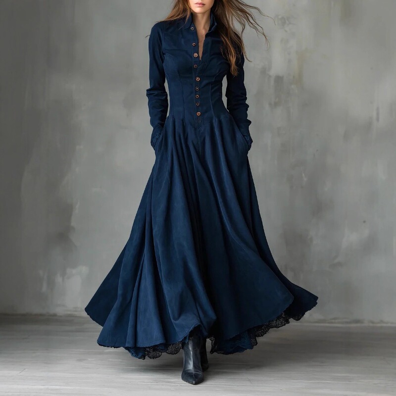 European and American Cross-Border 2026 Independent Site French Retro Style Faux Suede Lace Trim Patchwork Shirt Dress