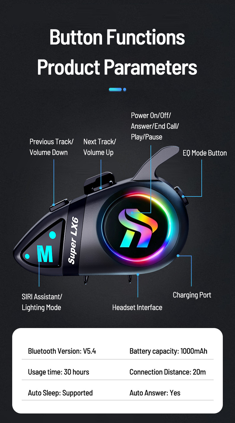 Motorcycle helmet Bluetooth headset LX6, waterproof, noise-reducing, four sound effects, riding headset, direct factory supply, samples available