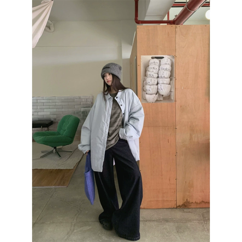 Реальное осеннее и зимнее молоко синяя свободная большая версия хлопчатобумажной рубашки с отворотом и длинным рукавом