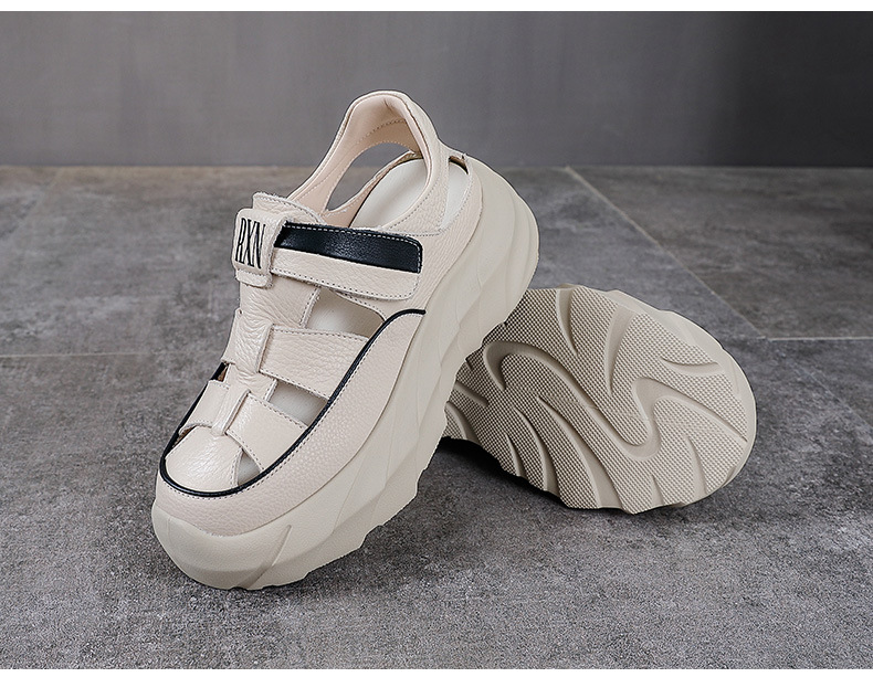 Sandal nữ da bò đế dày thoáng khí tăng chiều cao — Màu đen chi tiết 11
