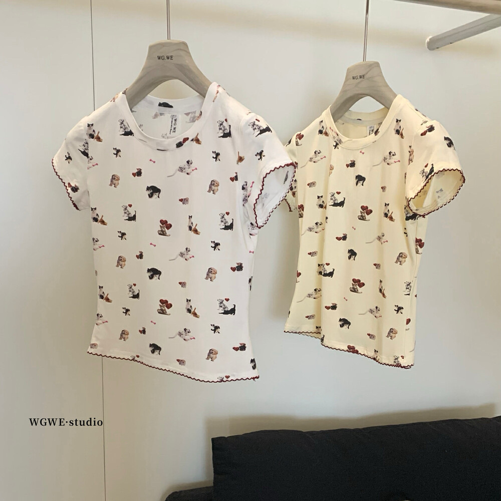 WGWE camiseta de manga corta con estampado de perros y gatos con cuello redondo, camiseta ajustada y elástica para niños, camiseta delgada, camiseta femenina W5536