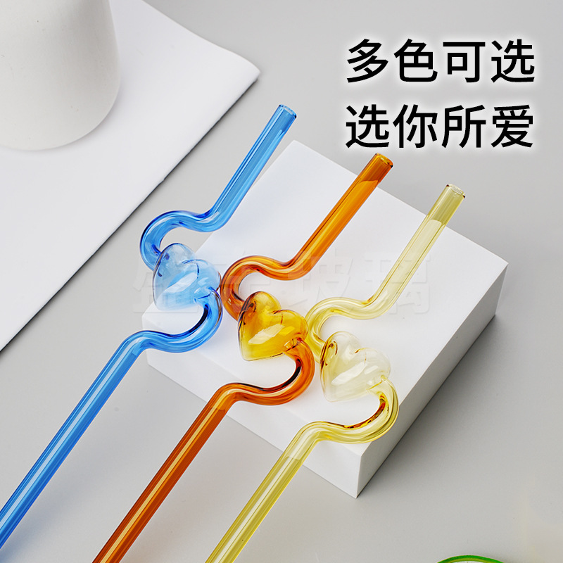 Nueva alta borosilicato corazón largo curvado paja chica corazón transparente paja hogar leche jugo paja tubo