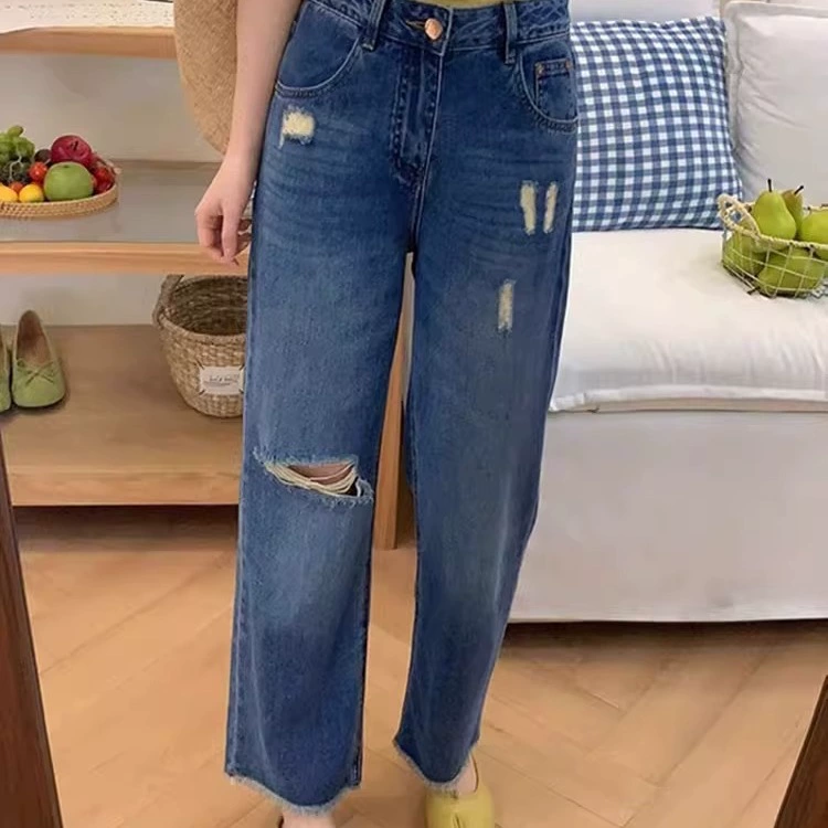 Qianxi женская одежда больших размеров, цепочка поставок, летние рваные прямые джинсы для женщин, женская одежда больших размеров, толстая мм