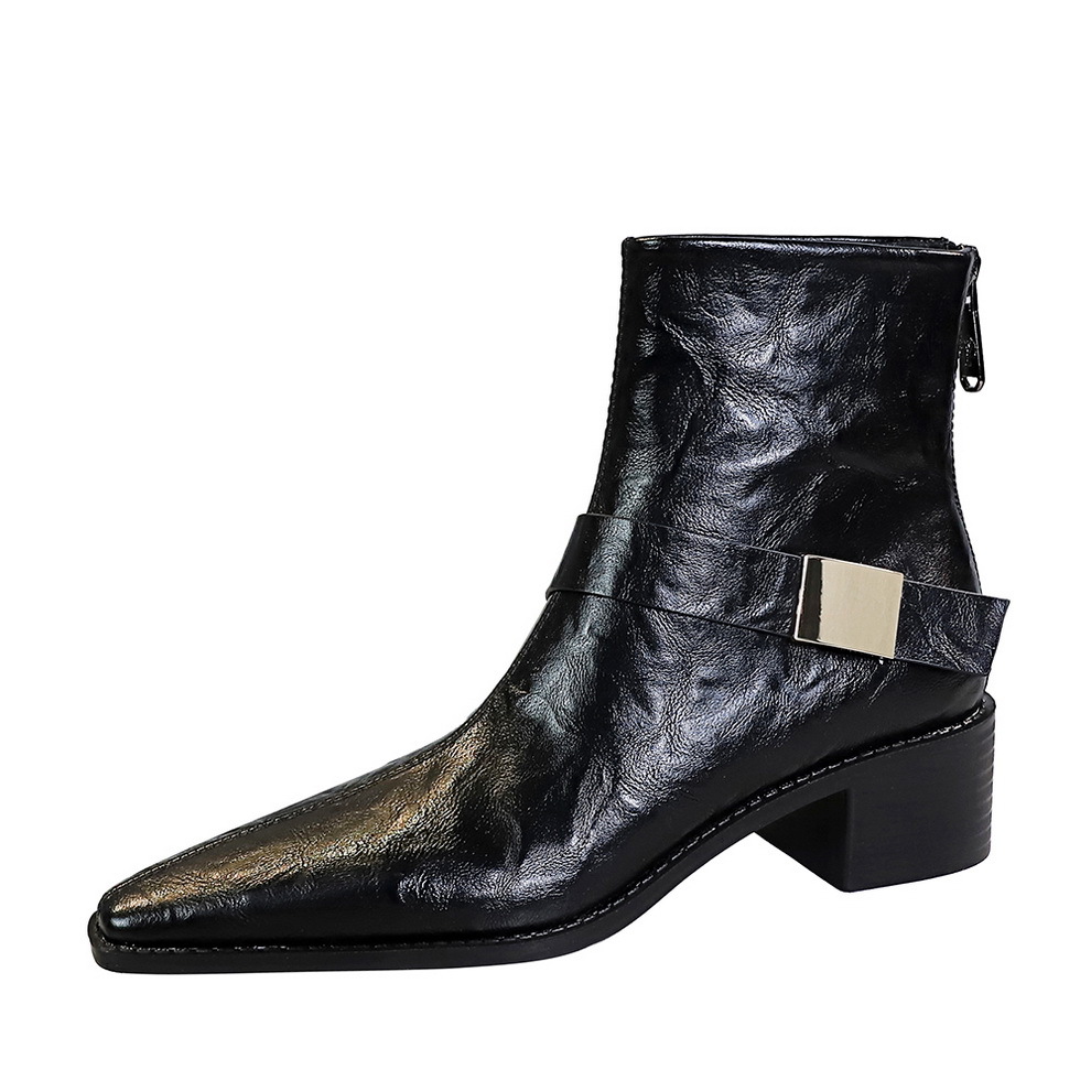 578-13 Retro style mid heel thick heel pointed metal buckle knight boots short tube boots season fashion short boots