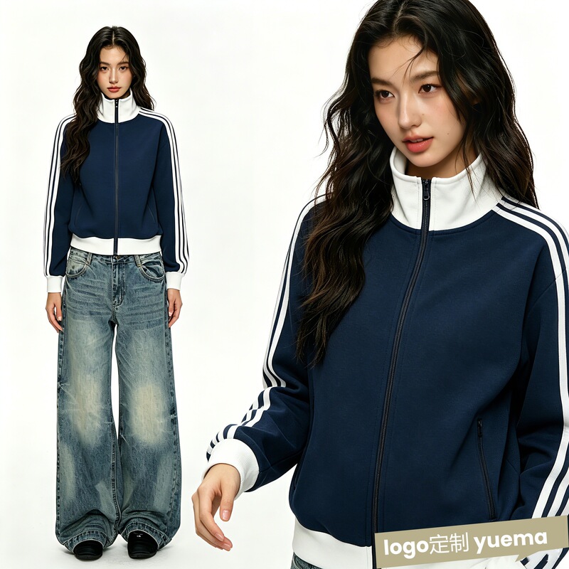 Customized Korean-style three-stripe stand-up collar sweatshirt jacket for women, spring and autumn 2026 new autumn sports casual top