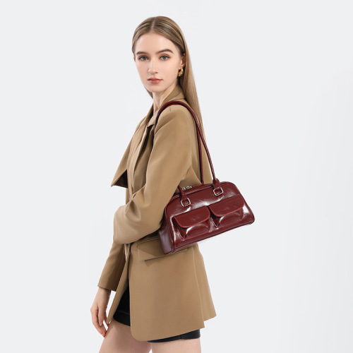 New Women's Fashion Niche Oil Waxed Leather Bowling Bag with Multiple Pockets Crossbody Bag Commute Shoulder Bag