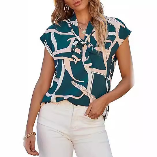 2025 European and American Amazon Cross-Border Women's Summer Printed Casual Shirt Top with Bow V Neck Short Sleeves