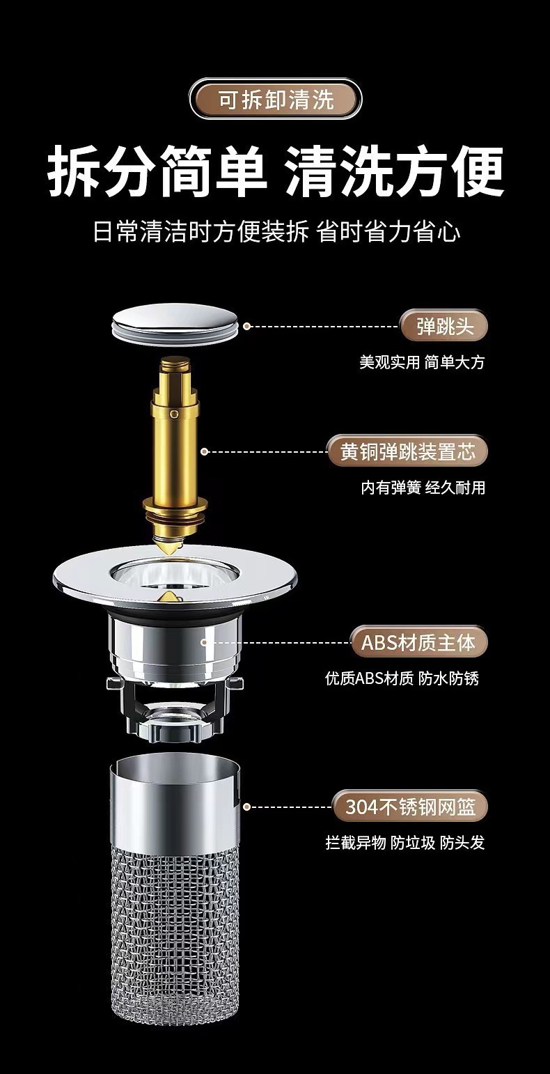 Washbasin leakage plug, bouncing core, washbasin sink drain, hair filter screen, anti-insect and anti-odor, detachable universal model Item Picture