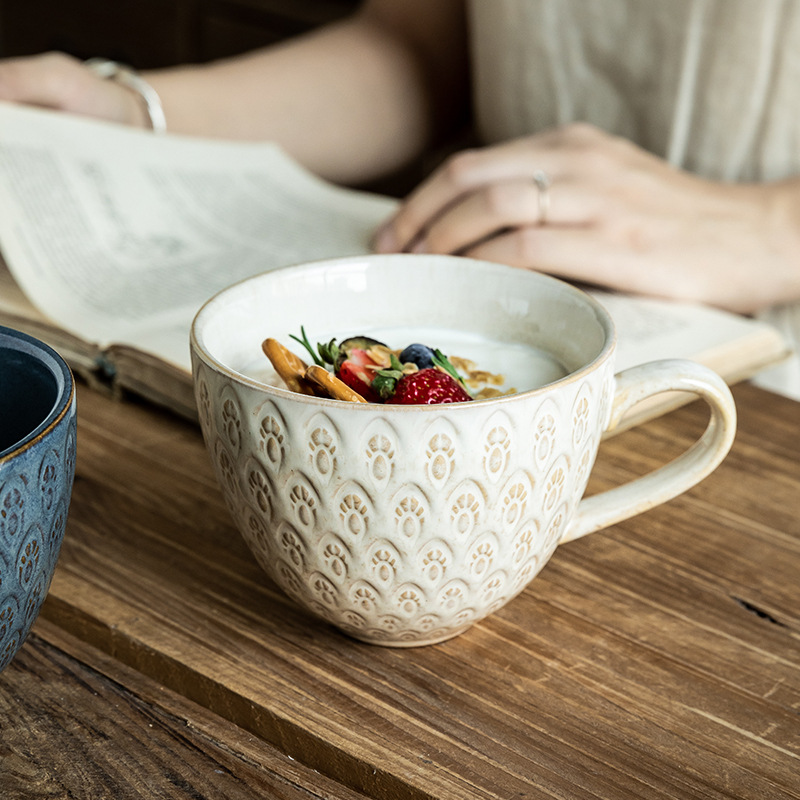 Horno esmalte alivio alondra patrón Gran taza de desayuno gran capacidad taza de avena retro Taza de cerámica personalizada exportación transfronteriza
