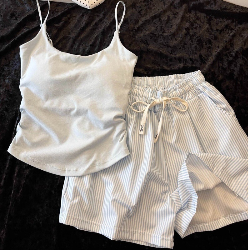 Adjustable Strap Top with Chest Pads, Ice Silk Ribbed + Cloud Cotton Pants, Women's Sleepwear Vest and Shorts Summer Set Adjustable Strap Top with Chest Pads, Ice Silk Ribbed + Cloud Cotton Pants, Women's Sleepwear Vest and Shorts Summer Set