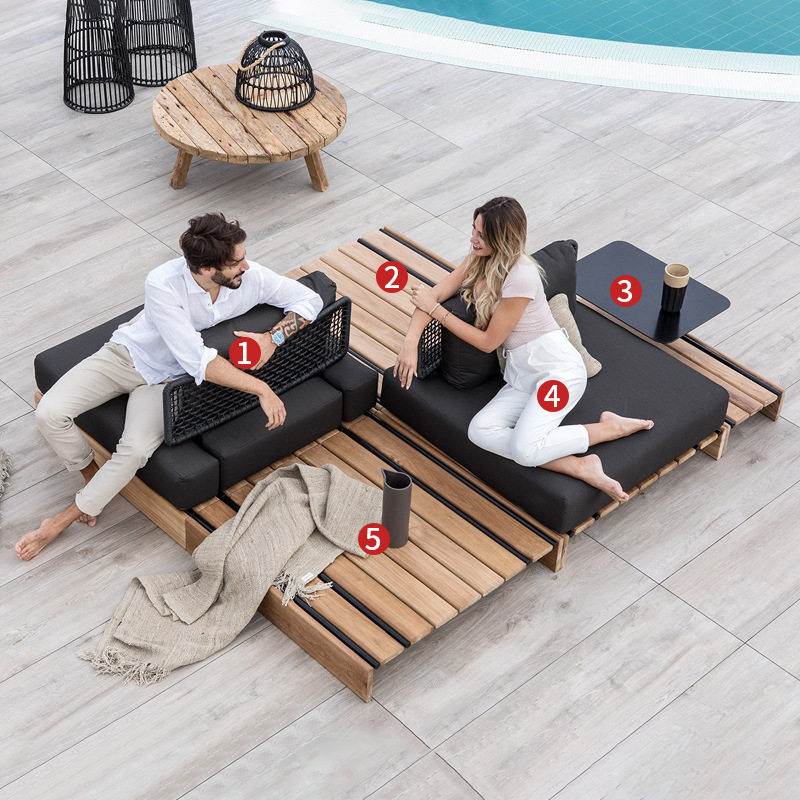 Sofá de ratán de teca al aire libre, patio, balcón al aire libre, jardín, ocio, hotel, muebles creativos de madera maciza