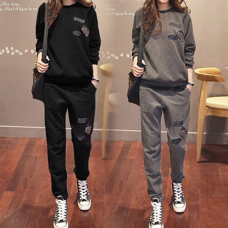 秋冬新款圆领加绒加厚宽松套头休闲运动套装女卫衣两件套装女|ms