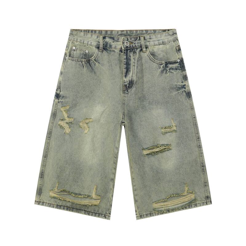 Quần short jean nam ống rộng ống thẳng dáng lửng rách nhẹ — Màu xanh lam