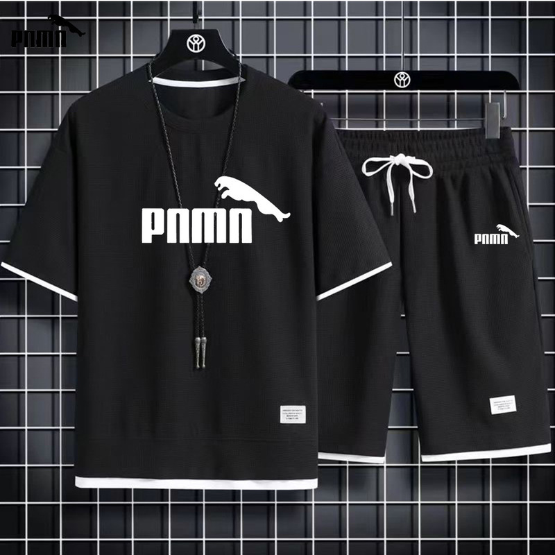 New Waffles Summer Men's Casual Sports suit Men's Loose Handsome Men's Short-sleeved T-shirt Shorts Men's Clothing