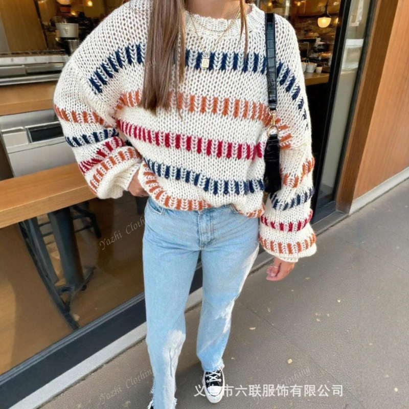 欧美拼色圆领毛衣女秋冬新款时尚慵懒风宽松百搭针织毛衫上衣跨境|undefined