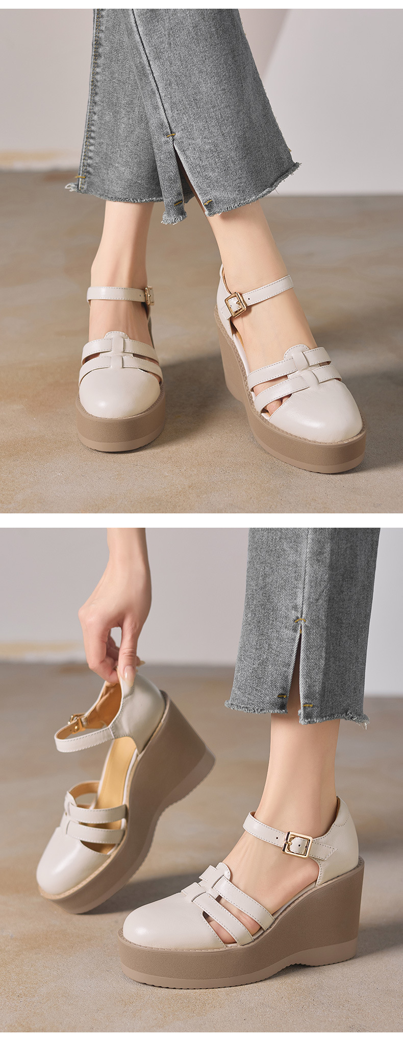 Sandal cao gót nữ đế dày 9,5 cm, mũi bít, dệt chéo, phong cách tổ chim — màu trắng ngà chi tiết 5