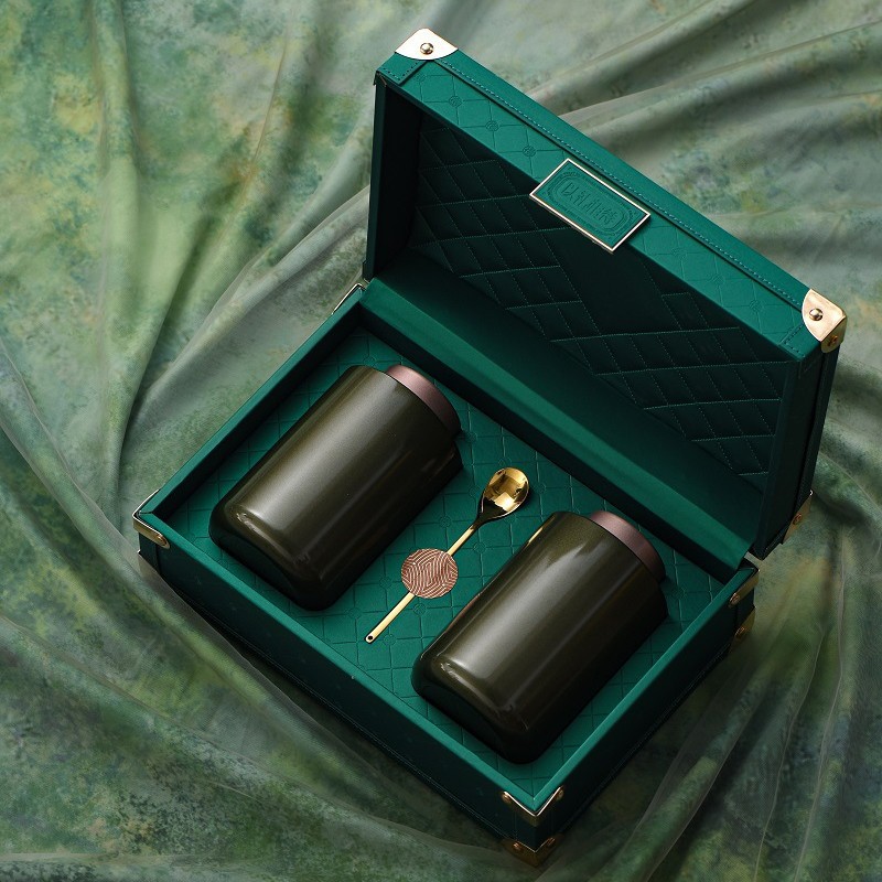 以礼相待茶叶包装精美皮质礼盒双圆罐加勺礼盒包装空盒