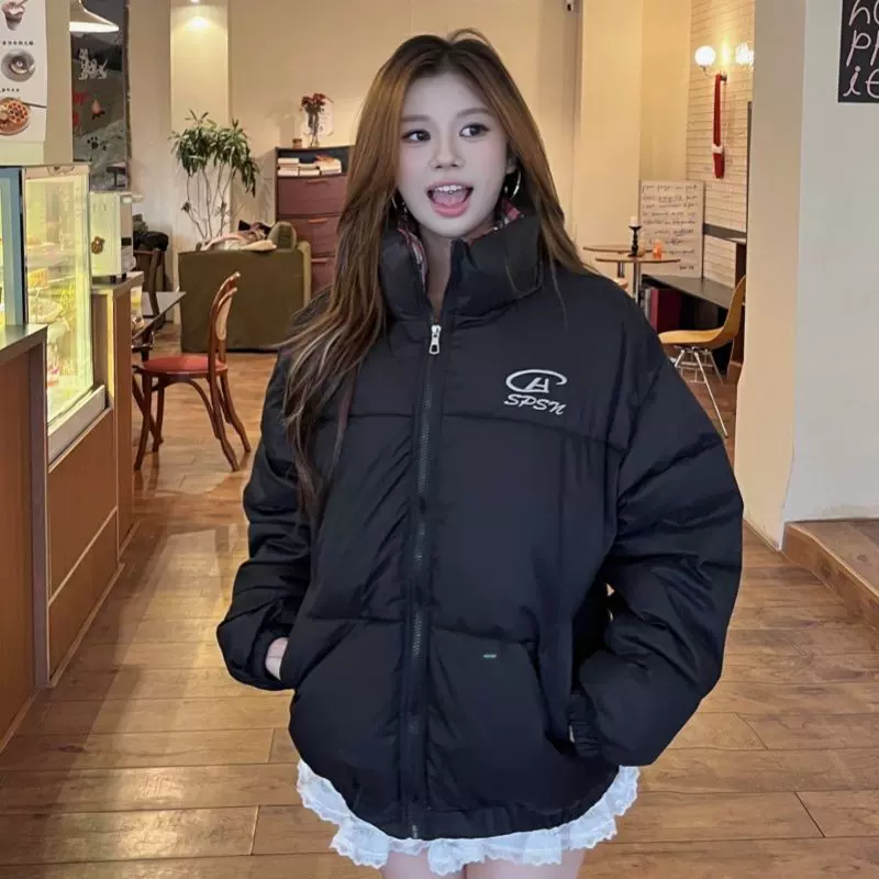 加厚保暖学生格子撞色刺绣宽松休闲字母格子立领棉服外套女冬季