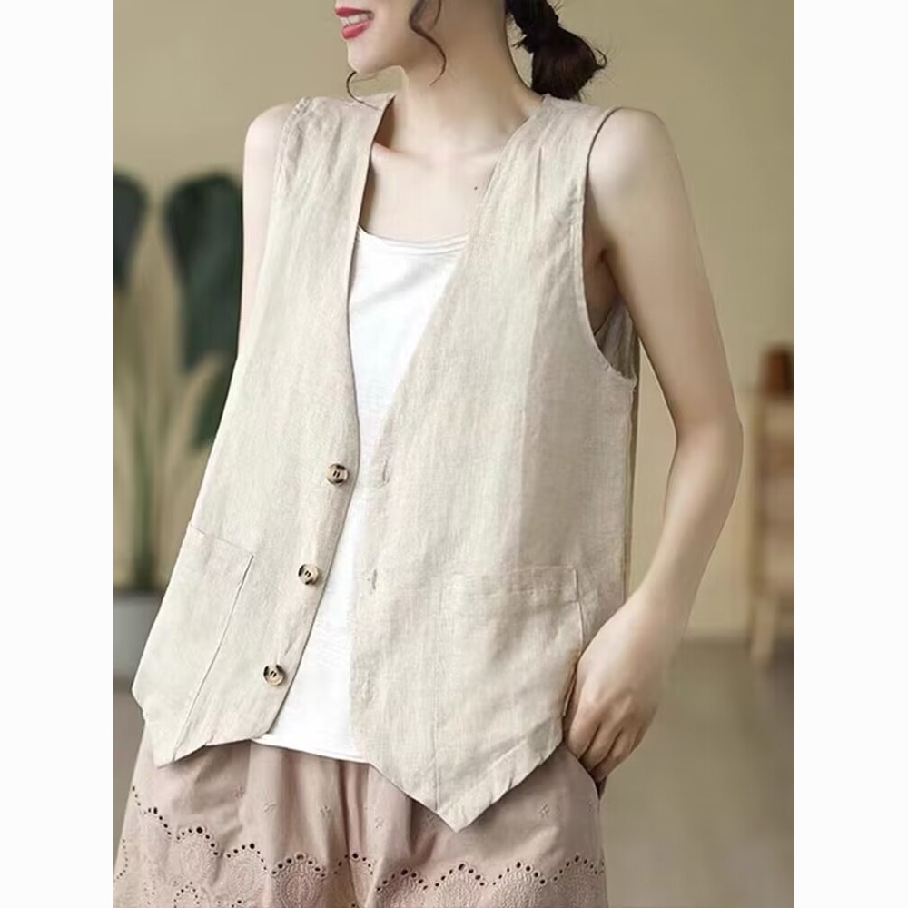 Nuevo estilo de verano delgado y casual, chaleco suelto sin mangas, chaleco de algodón y lino, chaleco de chaleco image 5