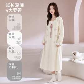 春秋新款纯棉纱布女长袖套头睡裙甜美休闲女长裙家居服图片色圆领