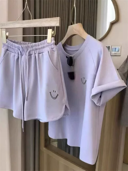 Cross-Border Smiling Face Printed Short-Sleeved Shorts Casual Sports Suit Women's Slim and Loose Korean Style Student Two-Piece Trendy Set