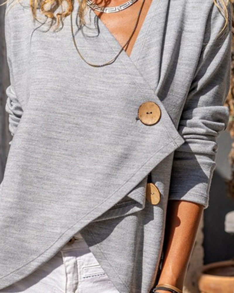 2022 New Women's Full Size Ready Stock Independent Standing Light Gray Asymmetrical Placket Long Sleeve Cardigan_voghion.com