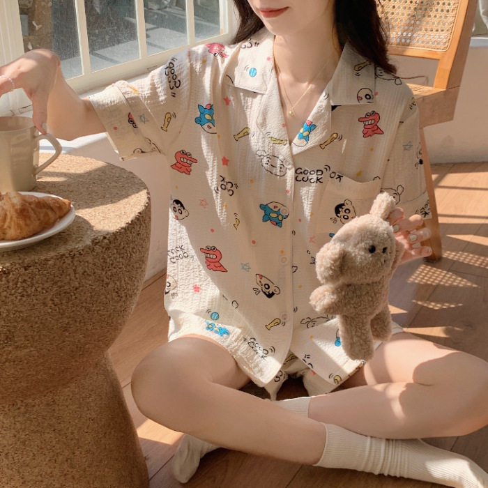 睡衣女夏季梭织泡泡棉皱布ins公主风可爱短袖夏天薄款家居服套装|undefined