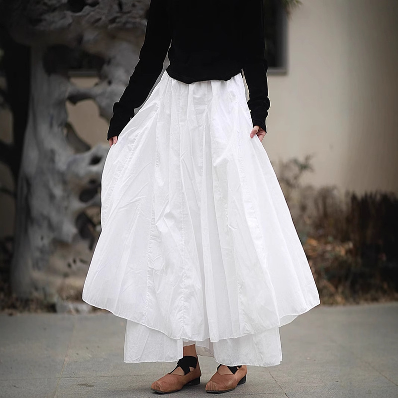 25 Spring and Summer New Fairy Dress High Waist Cool Style Cotton Double Layer Long Slim Skirt 4 Colors