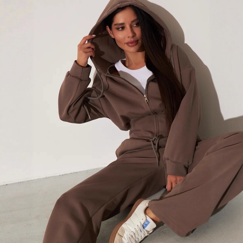 European and American Foreign Trade Women's Solid Color Casual Zip-Up Sweatshirt Set, Loose Hooded Cardigan with Drawstring Wide-Leg Pants Two-Piece Set European and American Foreign Trade Women's Solid Color Casual Zip-Up Sweatshirt Set, Loose Hooded Cardigan with Drawstring Wide-Leg Pants Two-Piece Set