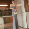 Suspended fishtail host dress with high-end blue gray color