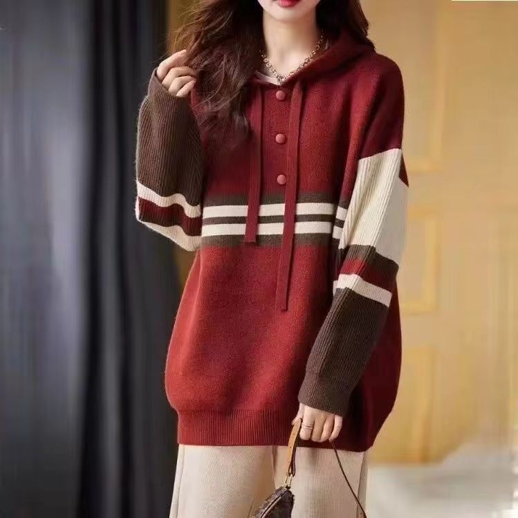 【 Famiglia Cashmere 】 Maglione da donna in lana a righe europee, versione coreana, con cappuccio largo, strato interno in maglia spessa_voghion.com