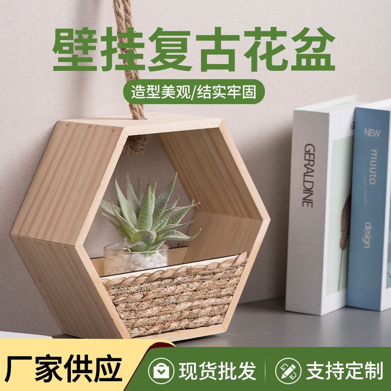 Casa creativa de pared decoración de la pared de la sala de estar canasta de flores madera retro verde en la pared colgante de la canasta