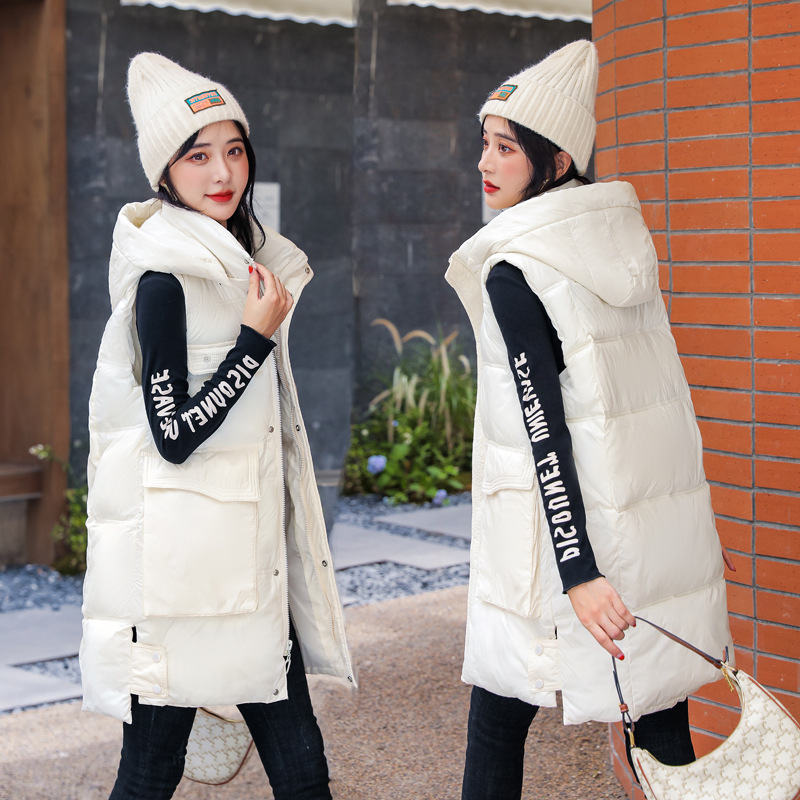 Women's cotton vest 2023 autumn and winter New Korean style cotton vest outer vest mid-length loose hat vest coat Women's cotton vest 2023 autumn and winter New Korean style cotton vest outer vest mid-length loose hat vest coat