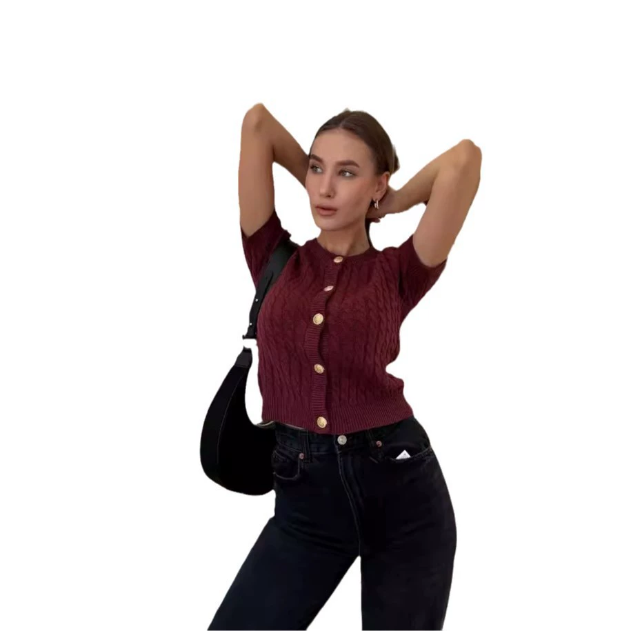 Brand fitted fashionable knitted cardigan, European style, Aliexpress, round collar, with short sleeve