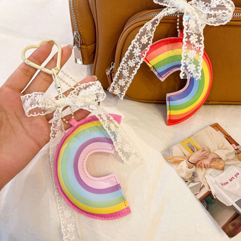 Fashionable 3D Pu Rainbow Lace Woven Bow Heart Pendant Bag Charm Keychain Accessory for Girls