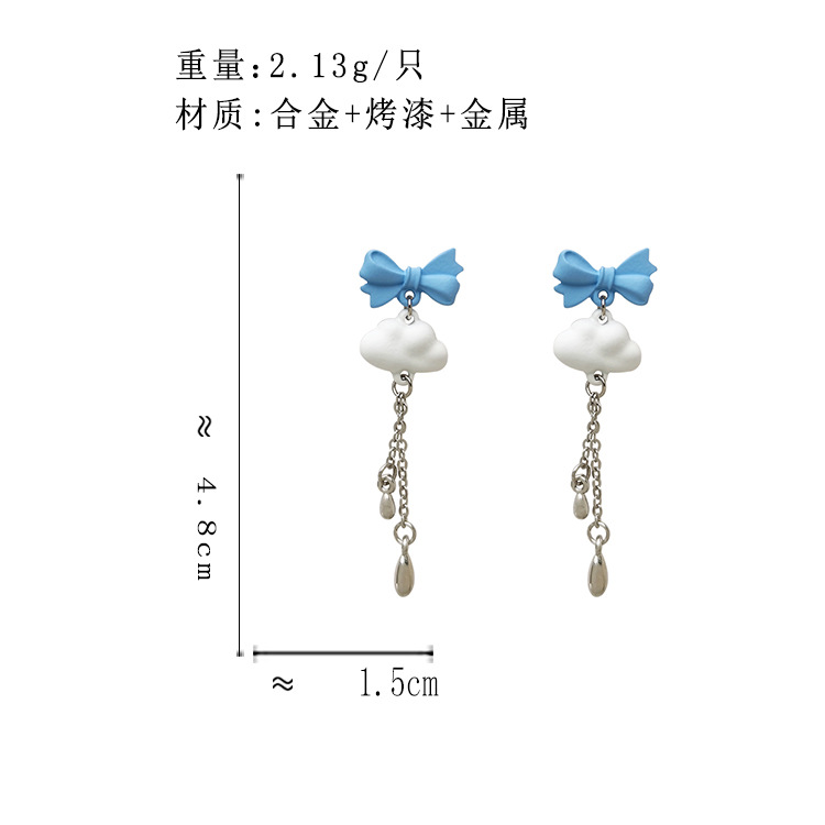 Self-designed Sterling Silver Needle Bow White Cloud Tassel Earrings Sweet Cute Fresh Paint Earrings H3985 display picture 1