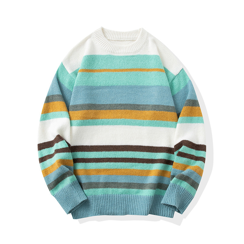 Pullover für Herren, amerikanischer Herbst und Winter, neuer Farbblock, gestreift, lockerer Lazy-Style, Paar-Strickpullover mit Regenbogenstreifen_voghion.com