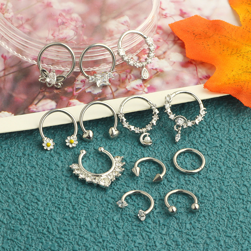 Amazon Hot Sale Nose Ring Set Stainless Steel Micro Inlaid Zircon Chrysanthemum Nose Ring Trend Puncture Nose Nail 12-Piece Set detail image 13