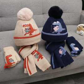 儿童帽子宝宝秋冬款围巾手套三件套男童冬天女童护耳加绒毛线帽子